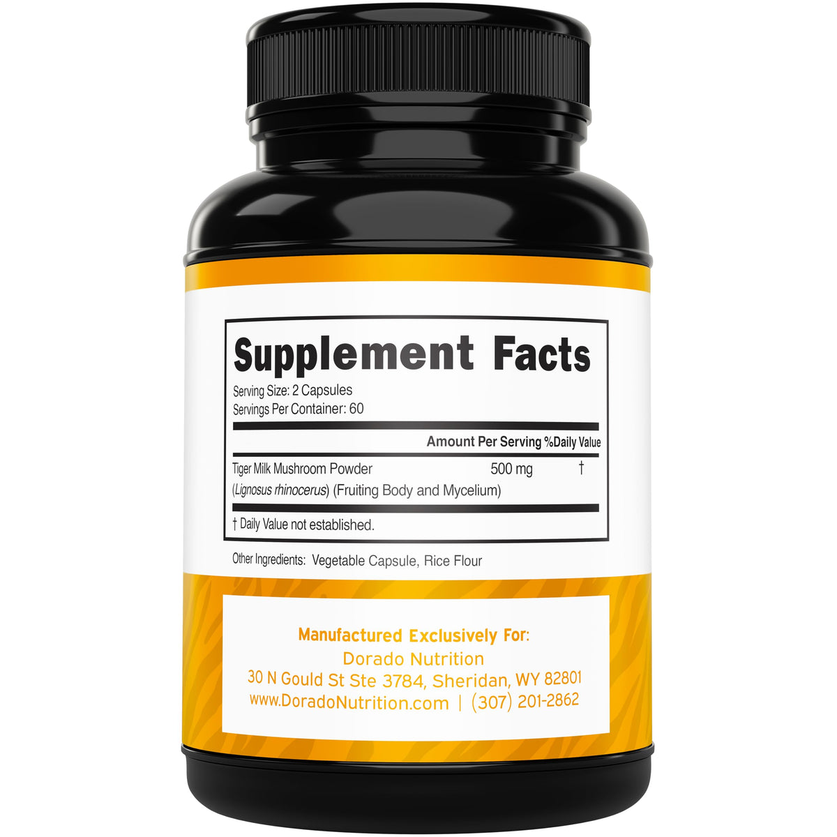 DORADO NUTRITION Tiger Milk Mushroom Supplement side view showing capsule details