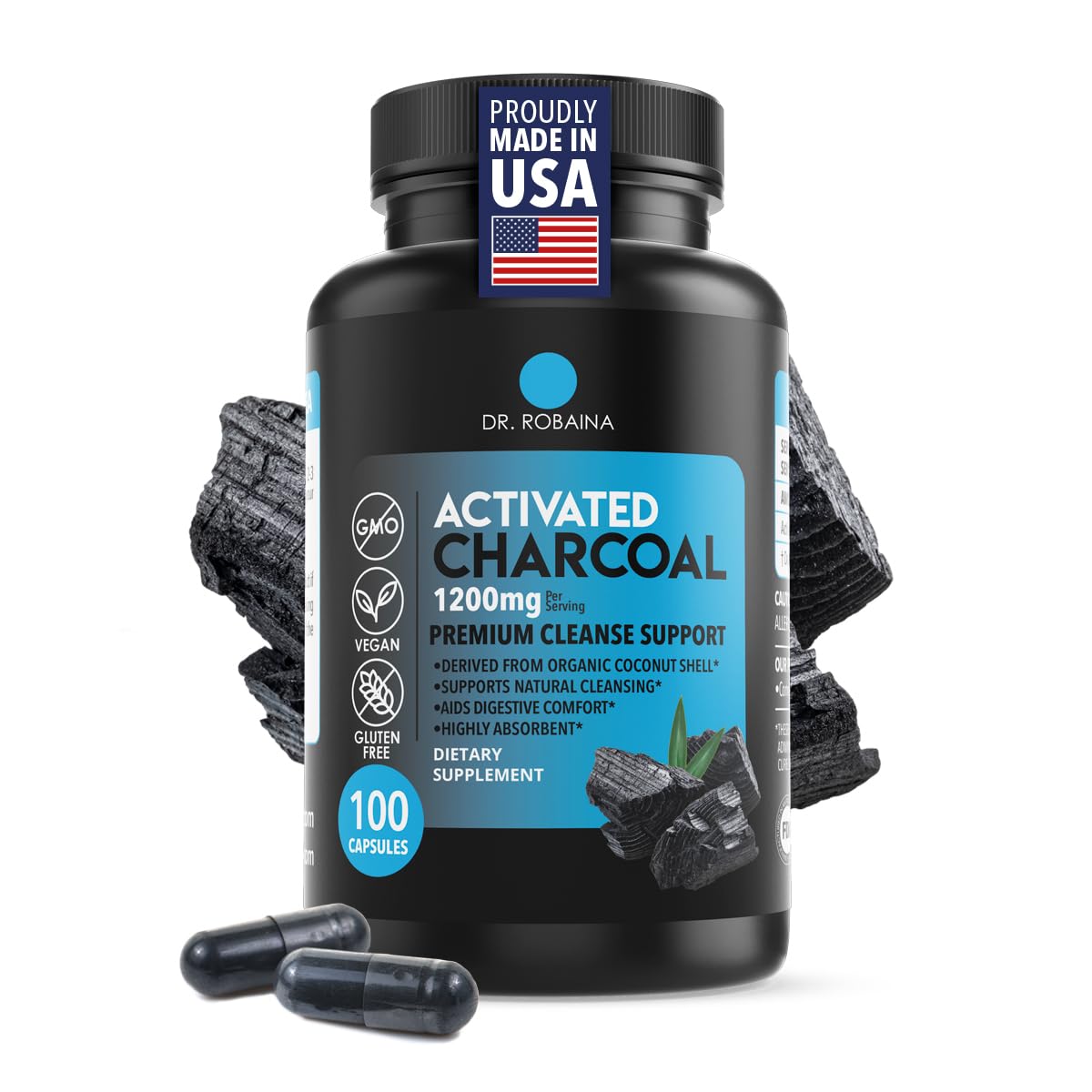 Dr. Robaina Activated Charcoal Capsules 1200 mg front view