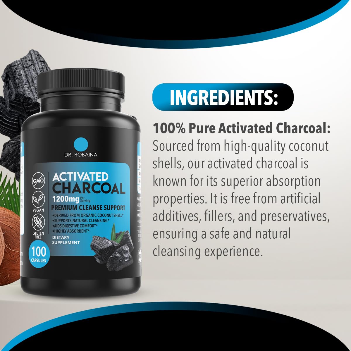 Dr. Robaina Activated Charcoal Capsules 1200 mg packaging details