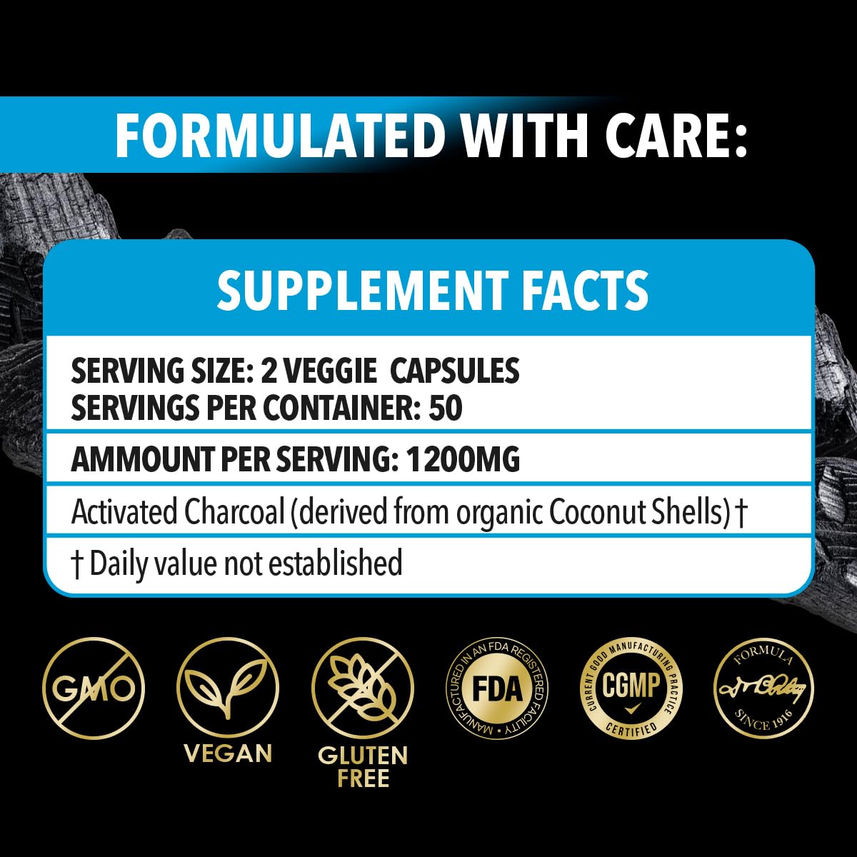 Dr. Robaina Activated Charcoal Capsules 1200 mg with a glass of water