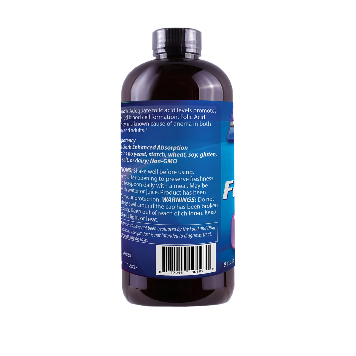 Dr's Advantage Liquid Folic Acid 800 MCG 8 oz. back view showing ingredients