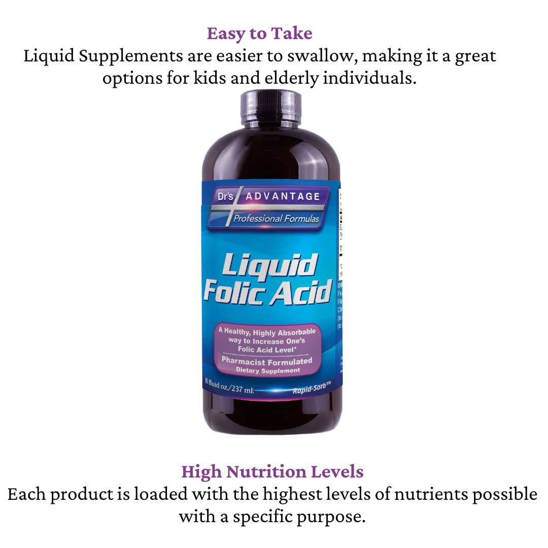 Dr's Advantage Liquid Folic Acid 800 MCG 8 oz. packaging on a countertop
