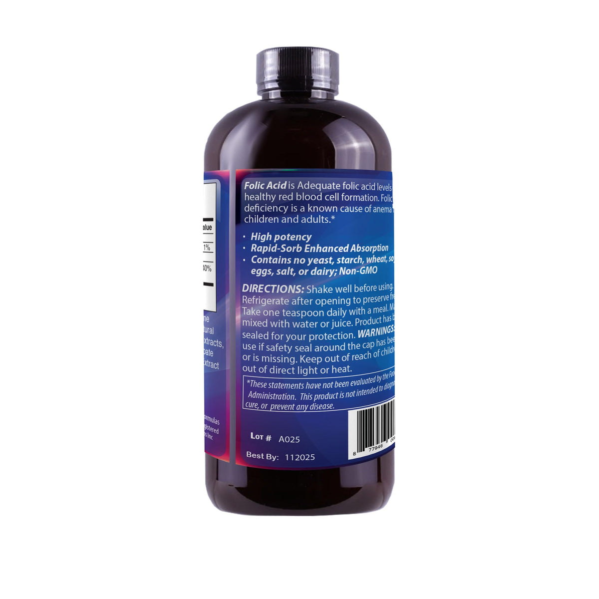 Dr's Advantage Liquid Folic Acid 800 MCG 8 oz. side view with label