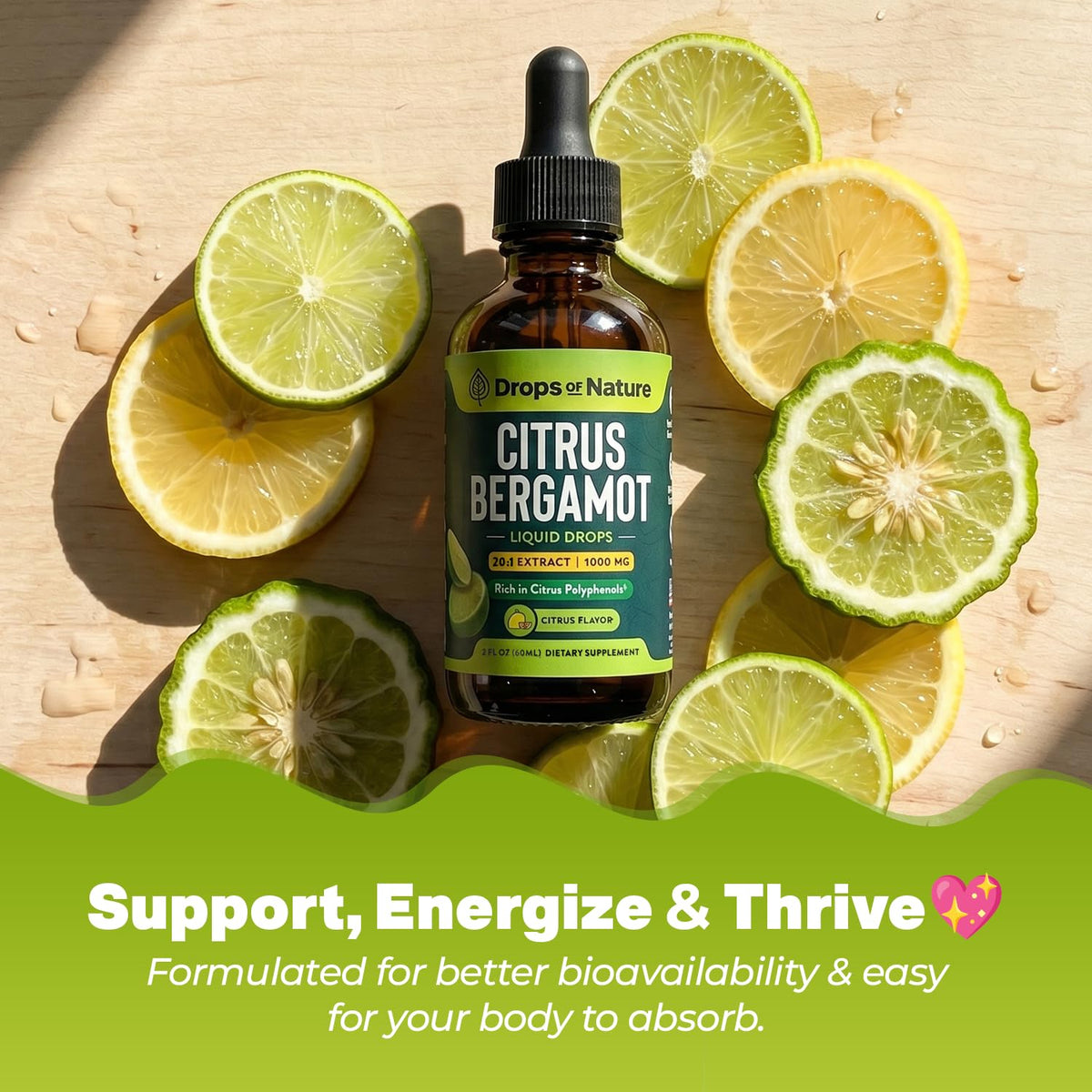 Drops Of Nature Citrus Bergamot Extract Liquid Supplement 60 mL in a glass