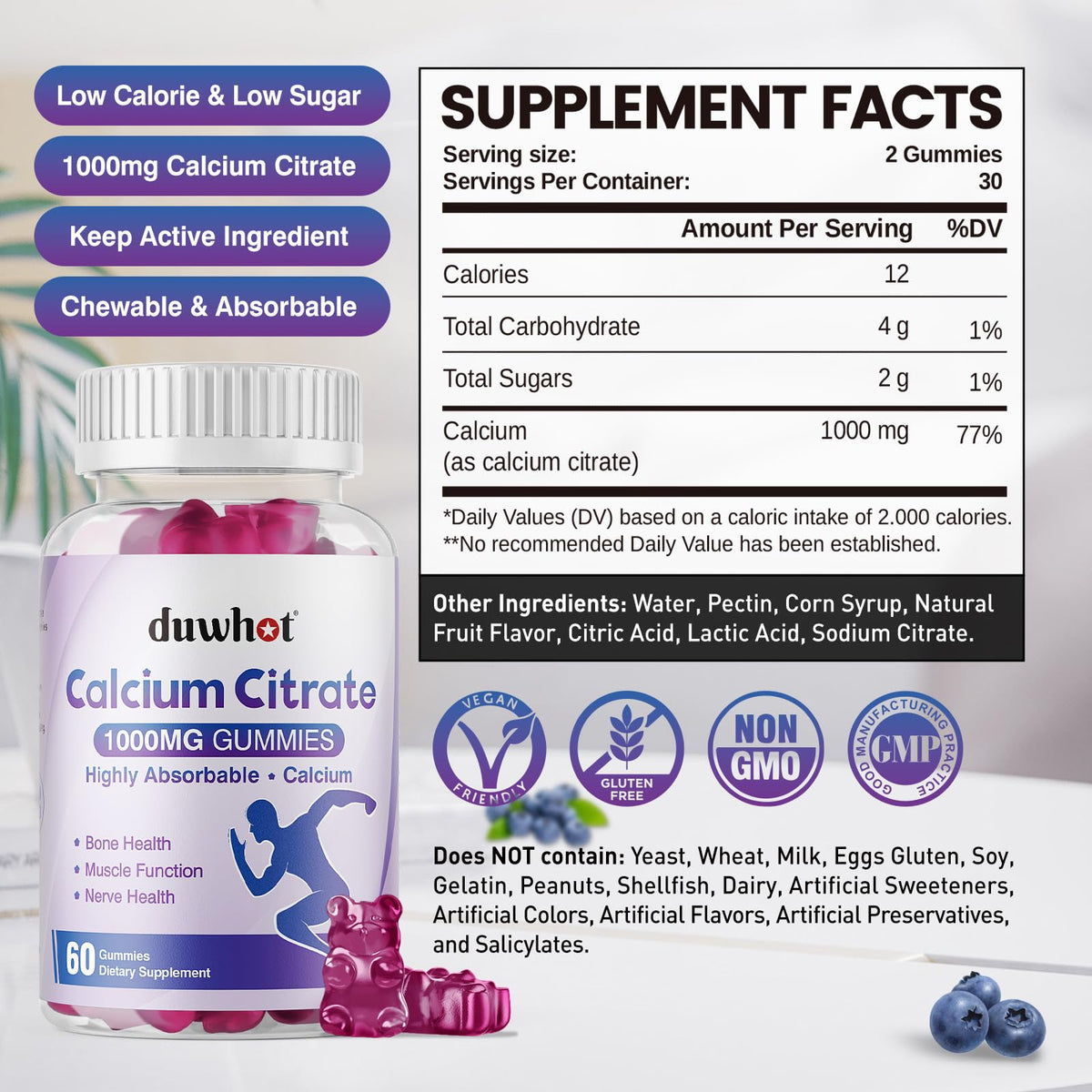 duwhot Calcium Citrate Gummies showing natural blueberry flavour