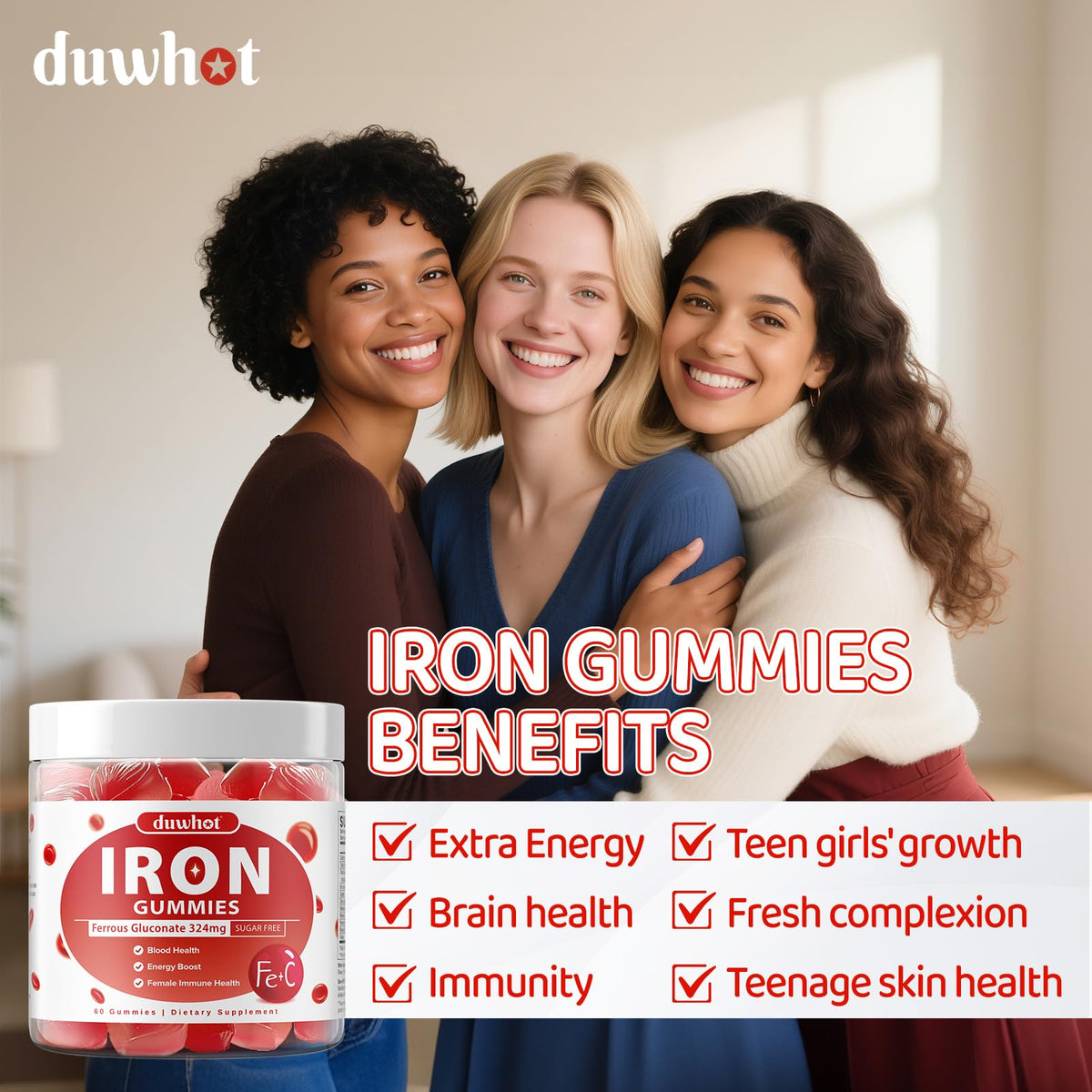 duwhot Iron Gummies displayed with fresh strawberries