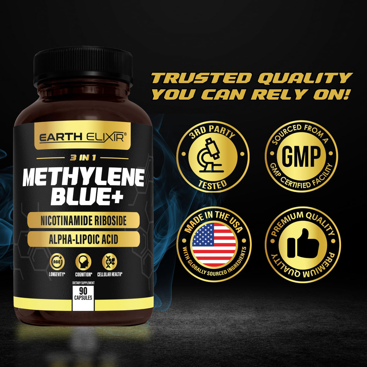 Earth Elixir 3-in-1 Methylene Blue Capsules on a wooden table