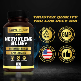 Earth Elixir 3-in-1 Methylene Blue Capsules on a wooden table