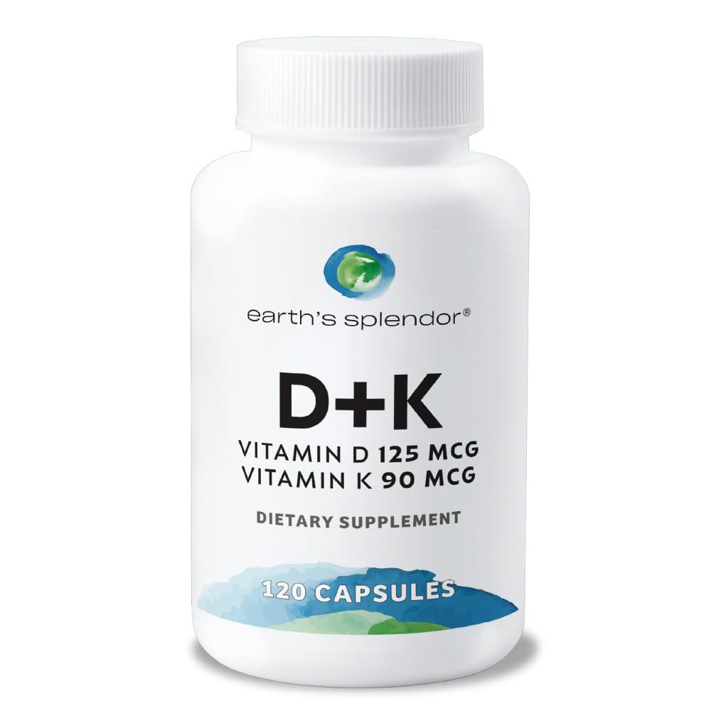 Earth's Splendor Vitamin D3 K2 Capsules 120 Count front view