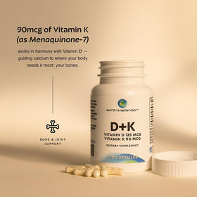 Earth's Splendor Vitamin D3 K2 Capsules bottle with a measuring spoon