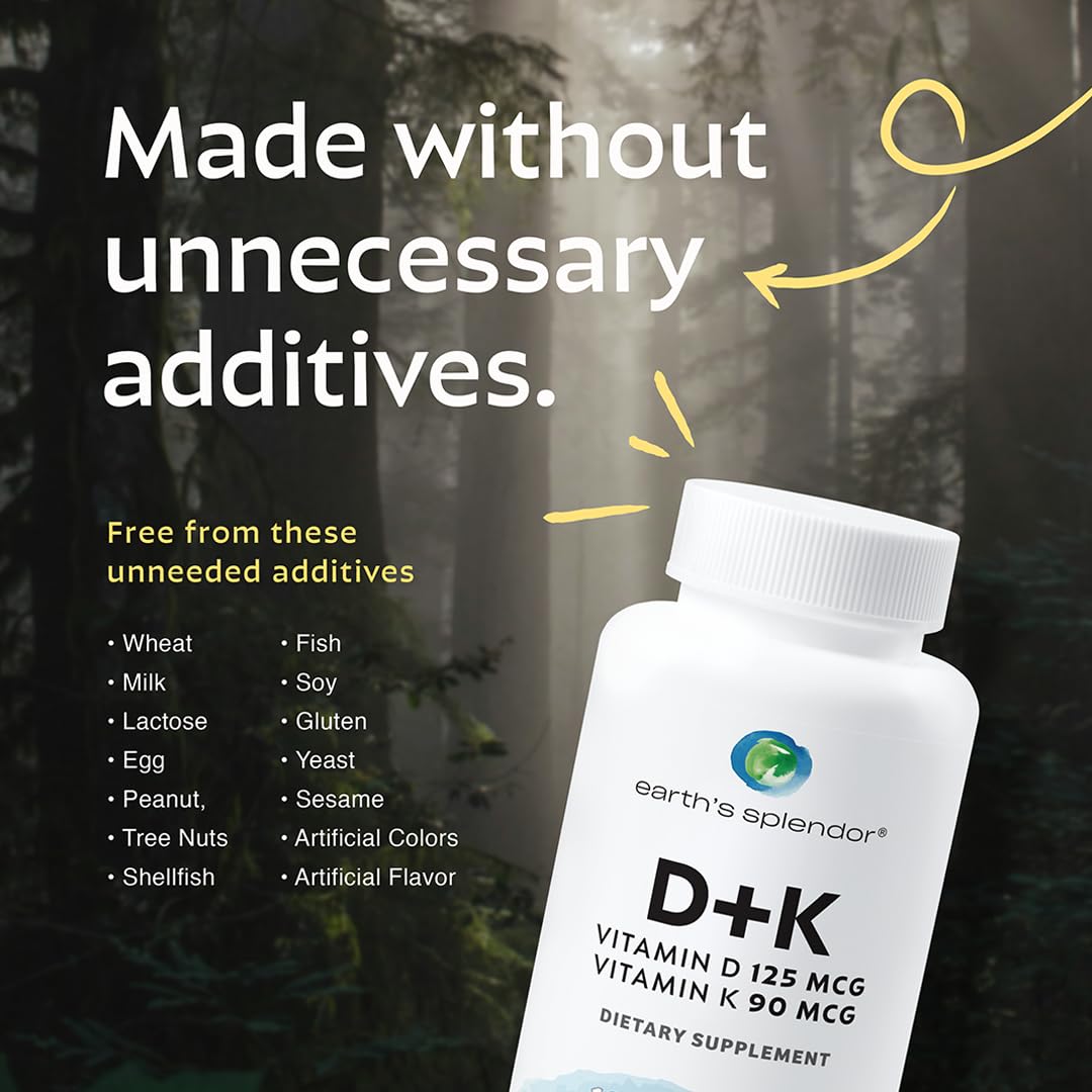Earth's Splendor Vitamin D3 K2 Capsules with a plant background