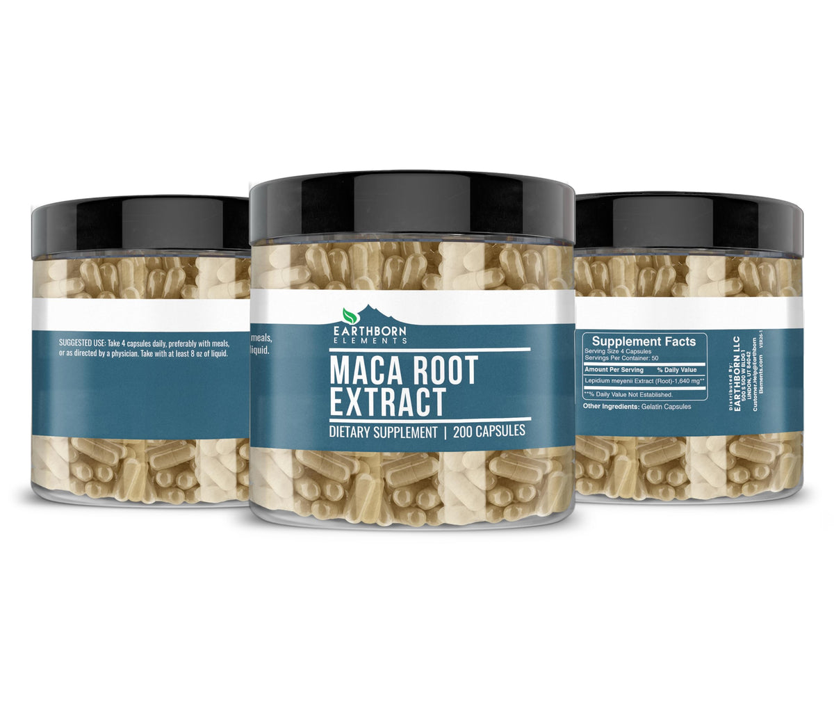 Earthborn Elements Maca Root Extract 200 Capsules on a wooden surface