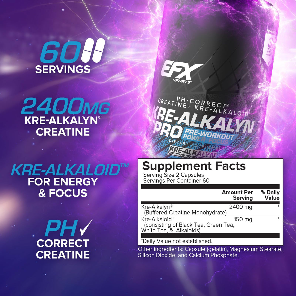 EFX Sports Kre-Alkalyn Pro capsules on a gym bench