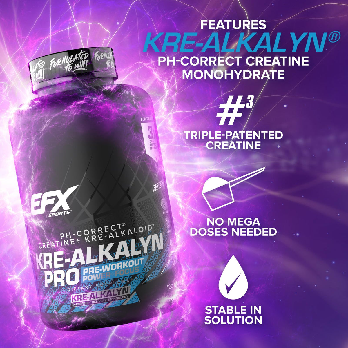 EFX Sports Kre-Alkalyn Pro capsules with measuring scoop