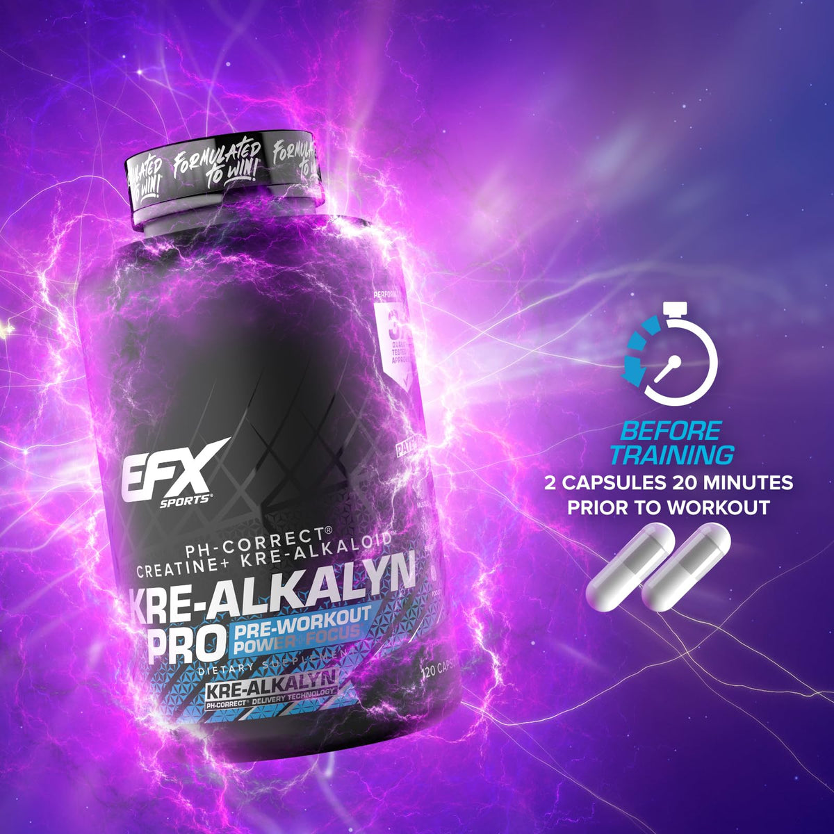EFX Sports Kre-Alkalyn Pro capsules with workout gear