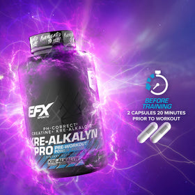 EFX Sports Kre-Alkalyn Pro capsules with workout gear