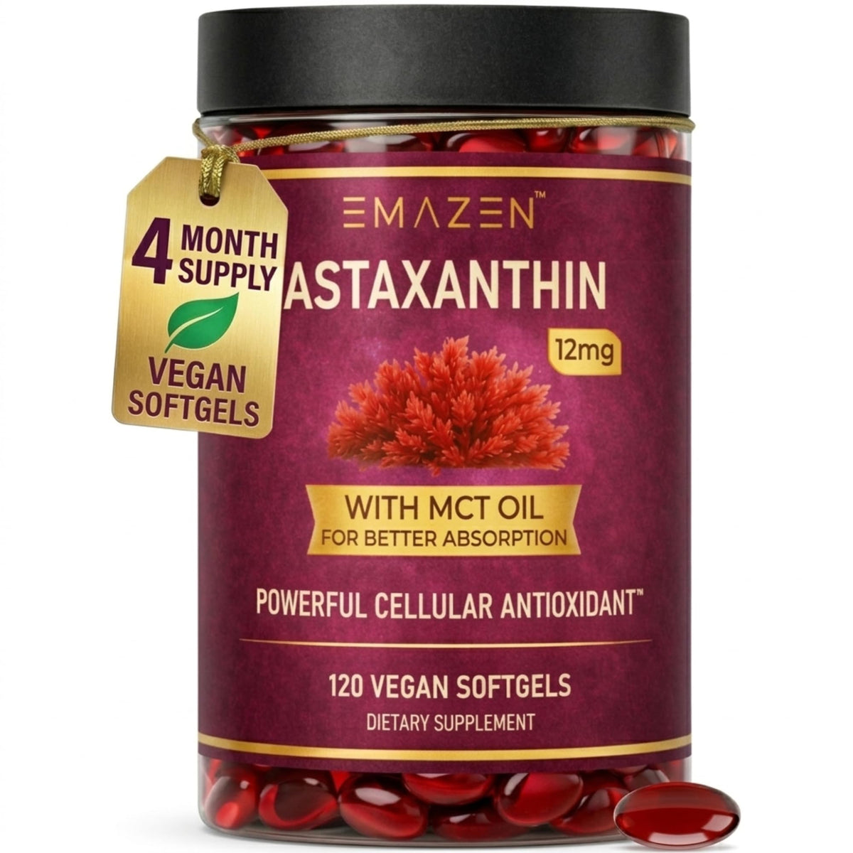 EMAZEN Astaxanthin 12mg MCT Coconut Oil 120 Vegan Softgels front view