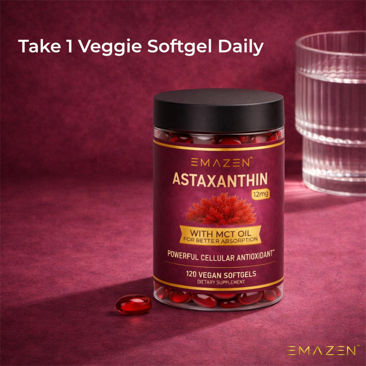 EMAZEN Astaxanthin softgel with a measuring spoon for dosage
