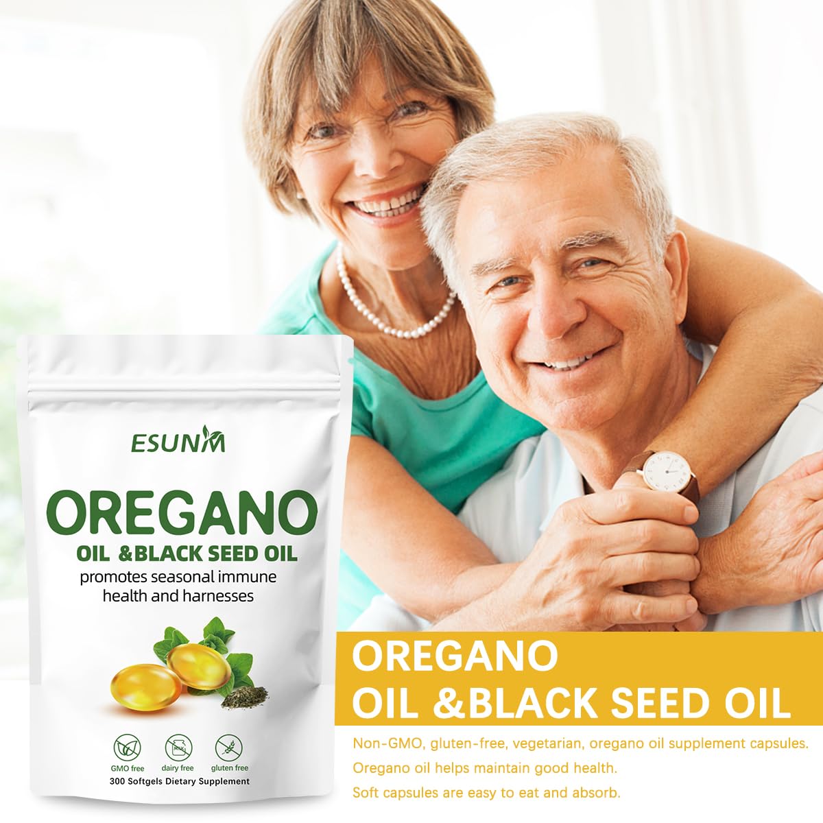ESUNM Oregano Softgels bottle with a measuring spoon