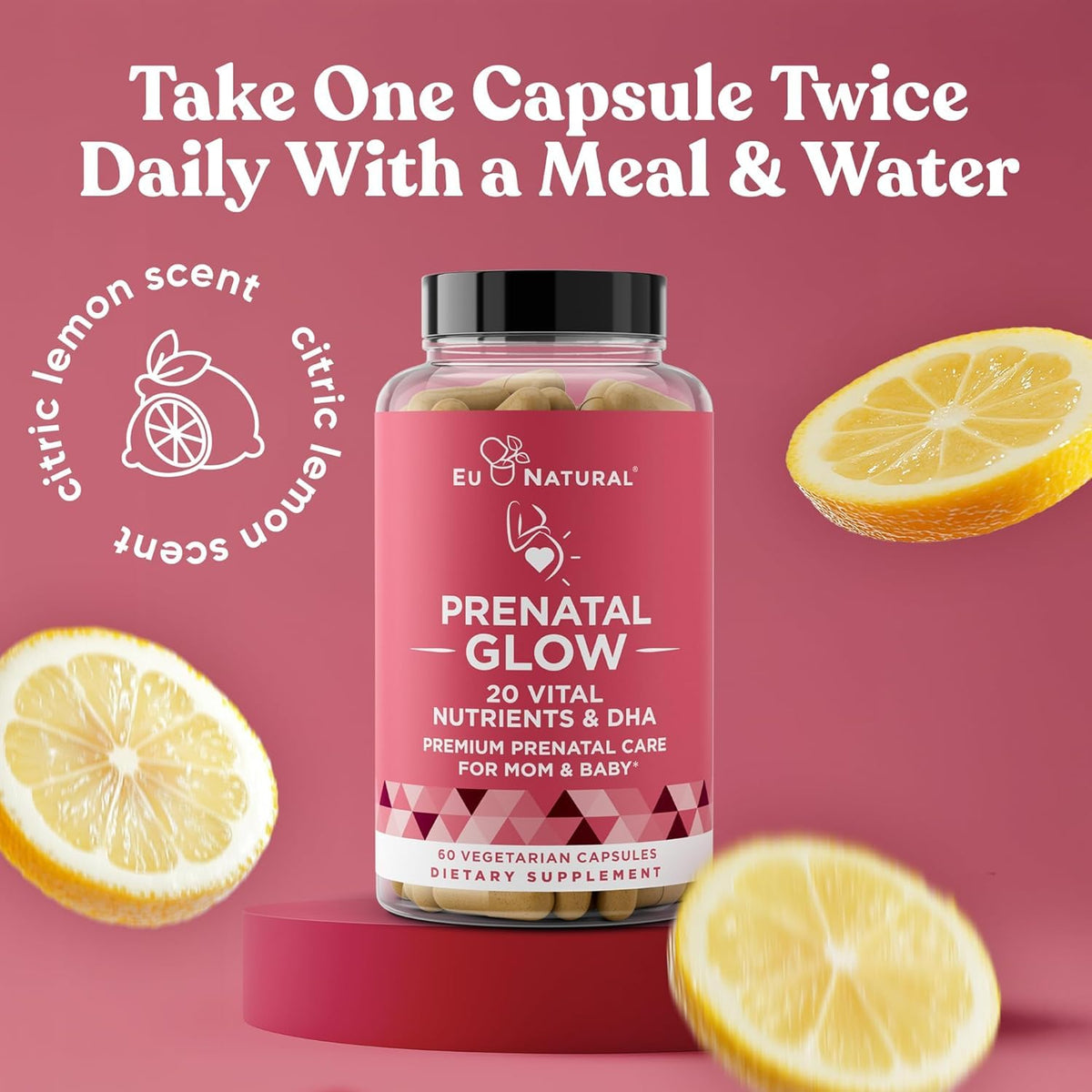 Eu Natural Glow Prenatal Vitamins showing the label and dosage
