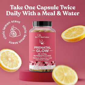 Eu Natural Glow Prenatal Vitamins showing the label and dosage