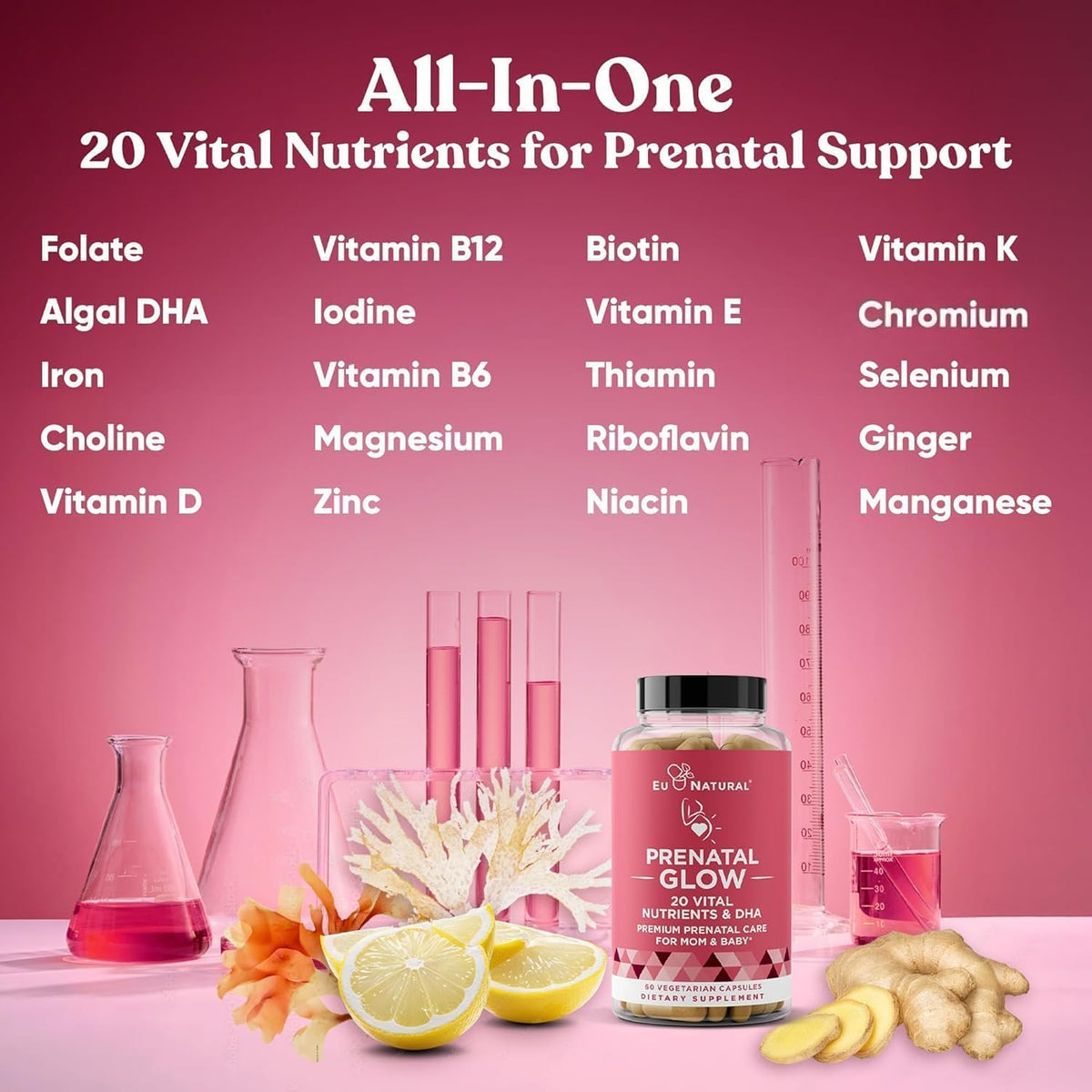 Eu Natural Glow Prenatal Vitamins side view showing capsule size