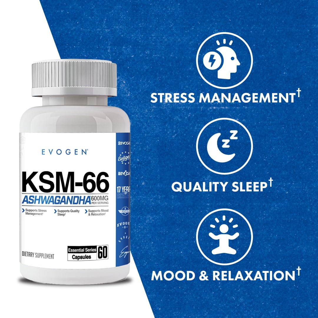 Evogen KSM-66 Ashwagandha 600mg capsules bottle with label
