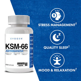 Evogen KSM-66 Ashwagandha 600mg capsules bottle with label