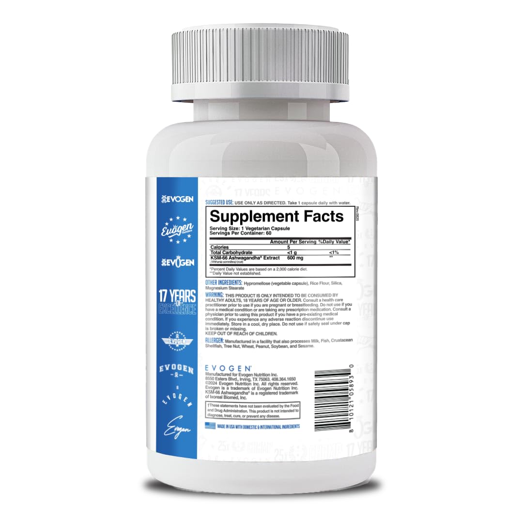 Evogen KSM-66 Ashwagandha 600mg capsules on a wooden table