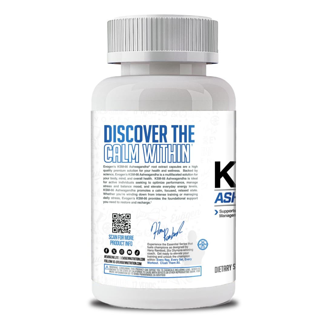 Evogen KSM-66 Ashwagandha 600mg capsules with measuring spoon