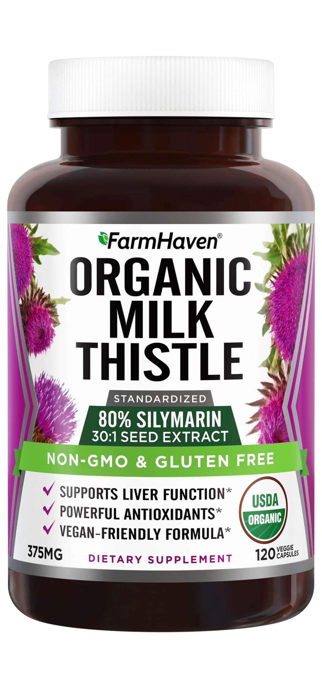 FarmHaven Organic Milk Thistle Capsules 120 count front view