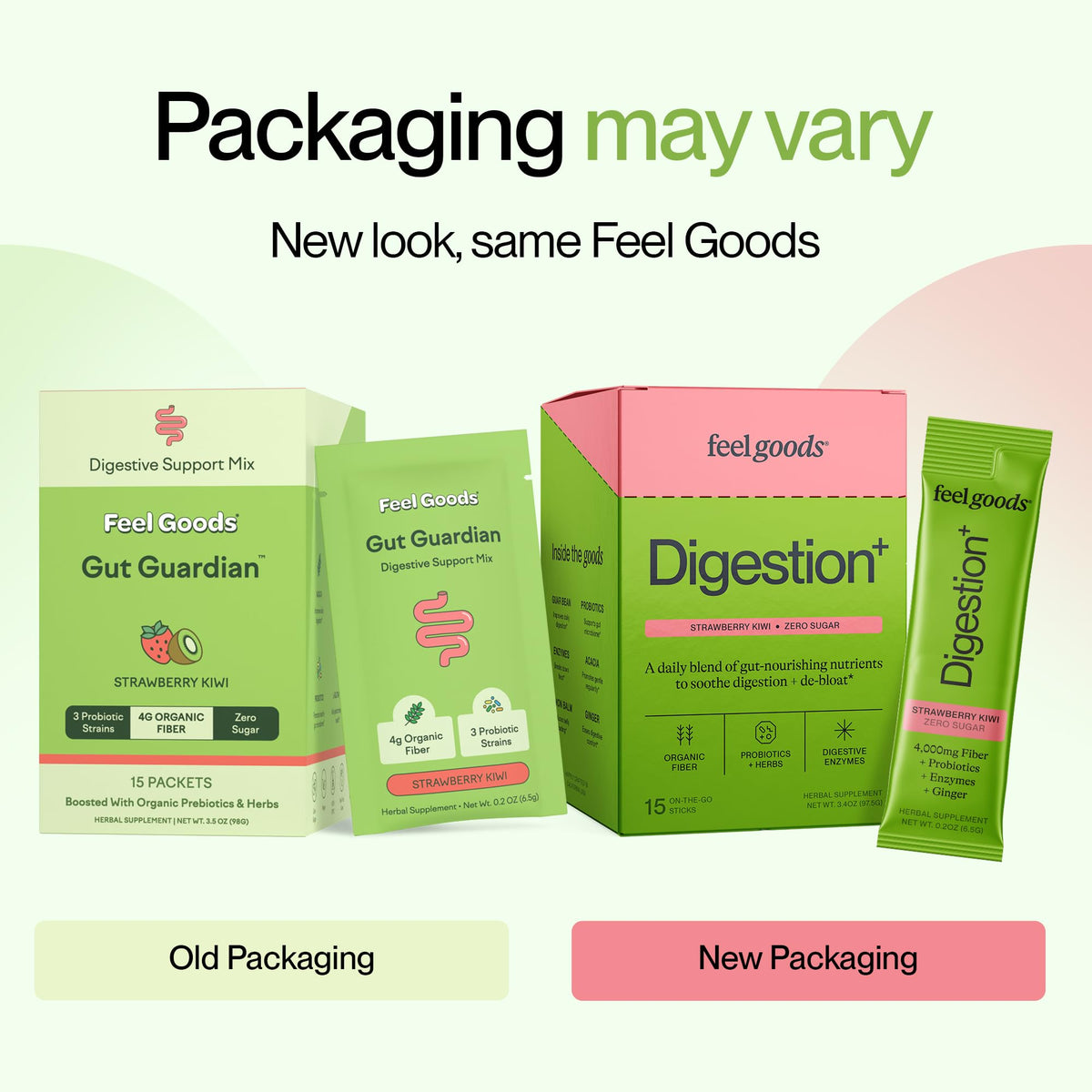 Feel Goods daily+ Strawberry Kiwi powder drink mix stick pack close-up