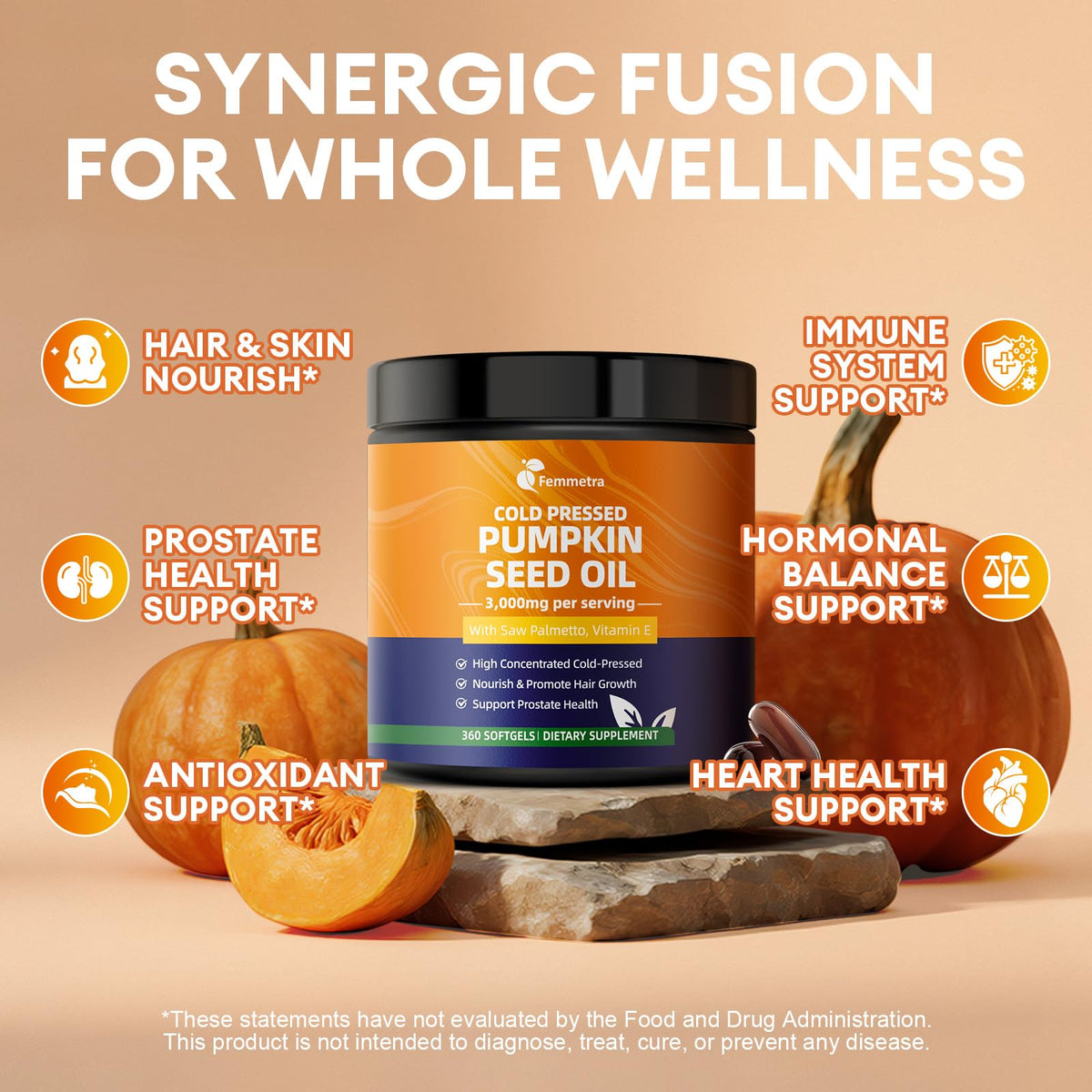 Femmetra Pumpkin Seed Oil Capsules on wooden table