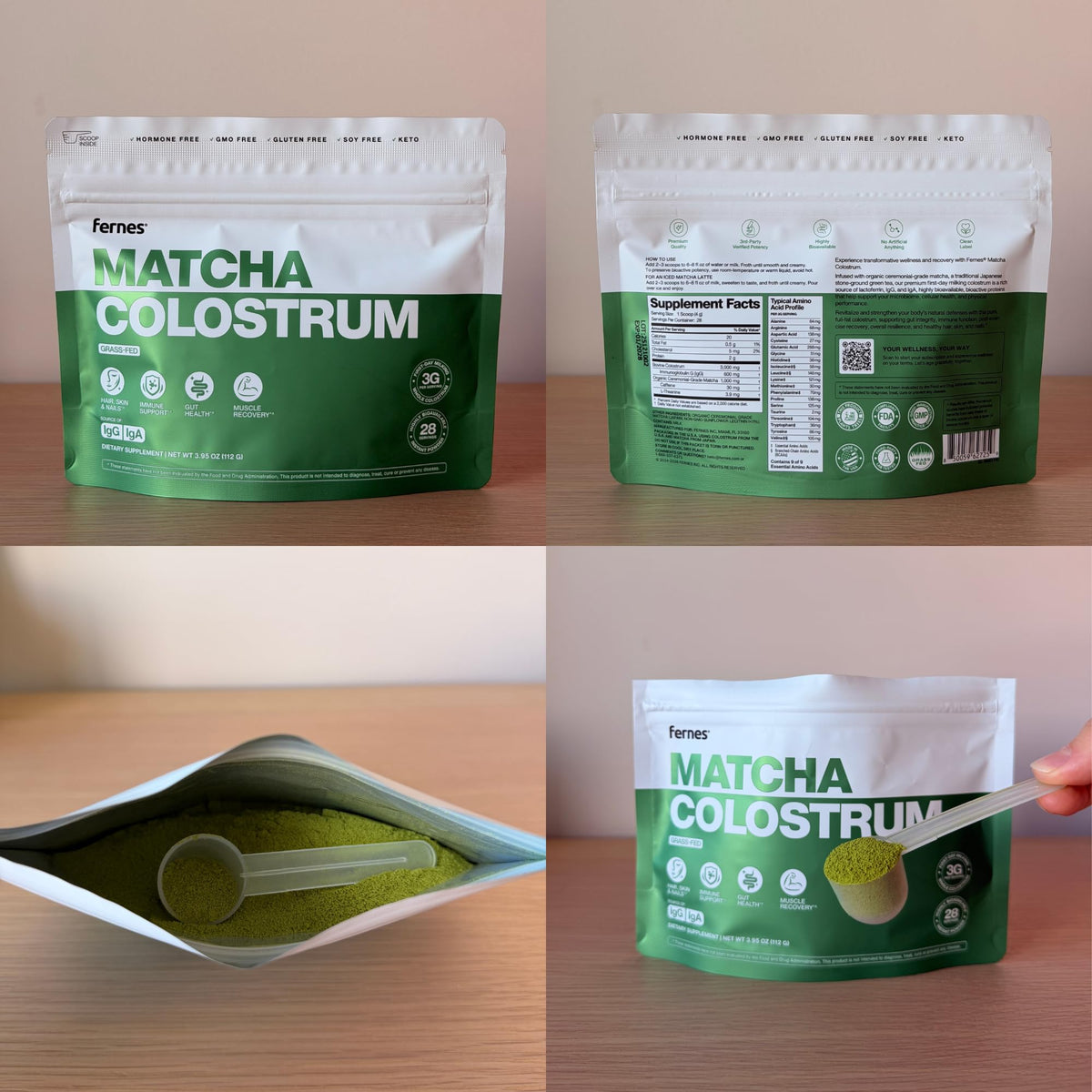 Fernes Matcha Colostrum Powder in a bowl with a spoon