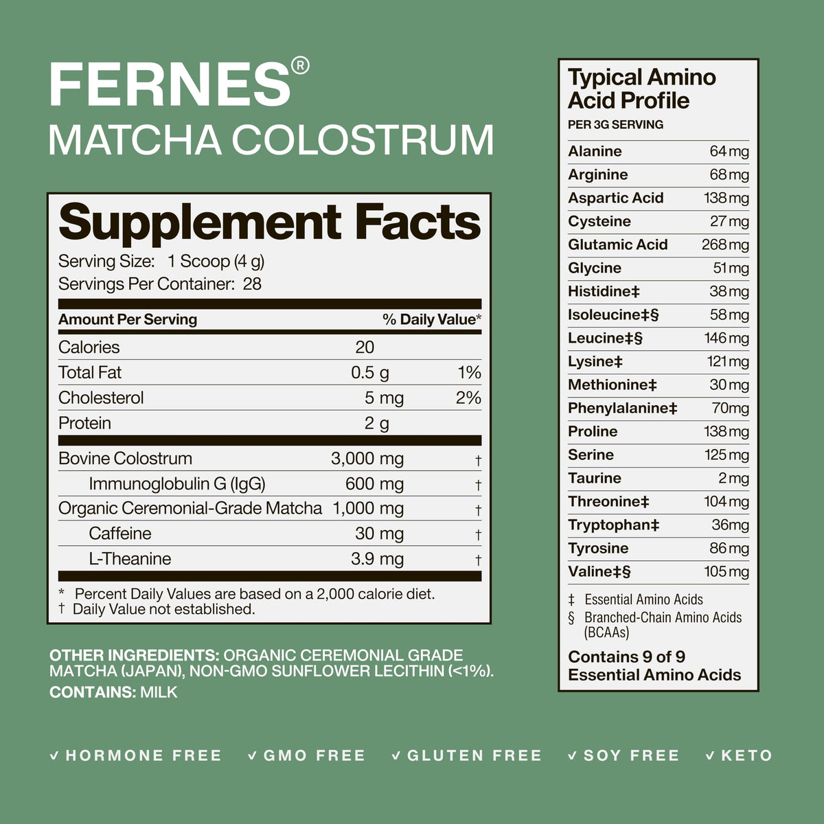 Fernes Matcha Colostrum Powder mixed in a glass of water