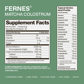 Fernes Matcha Colostrum Powder mixed in a glass of water