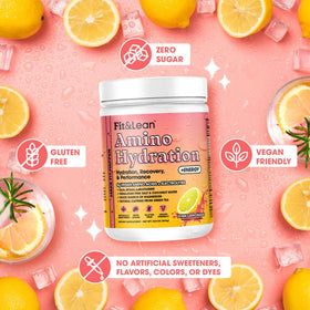 Fit & Lean Amino Hydration Plus Energy mixed in a glass with ice