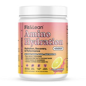 Fit & Lean Amino Hydration Plus Energy powder front view, Pink Lemonade flavour
