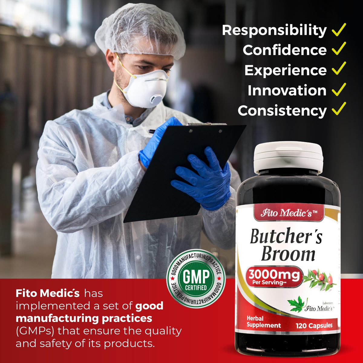 FITOMEDIC'S Butcher’s Broom Capsules with dosage information