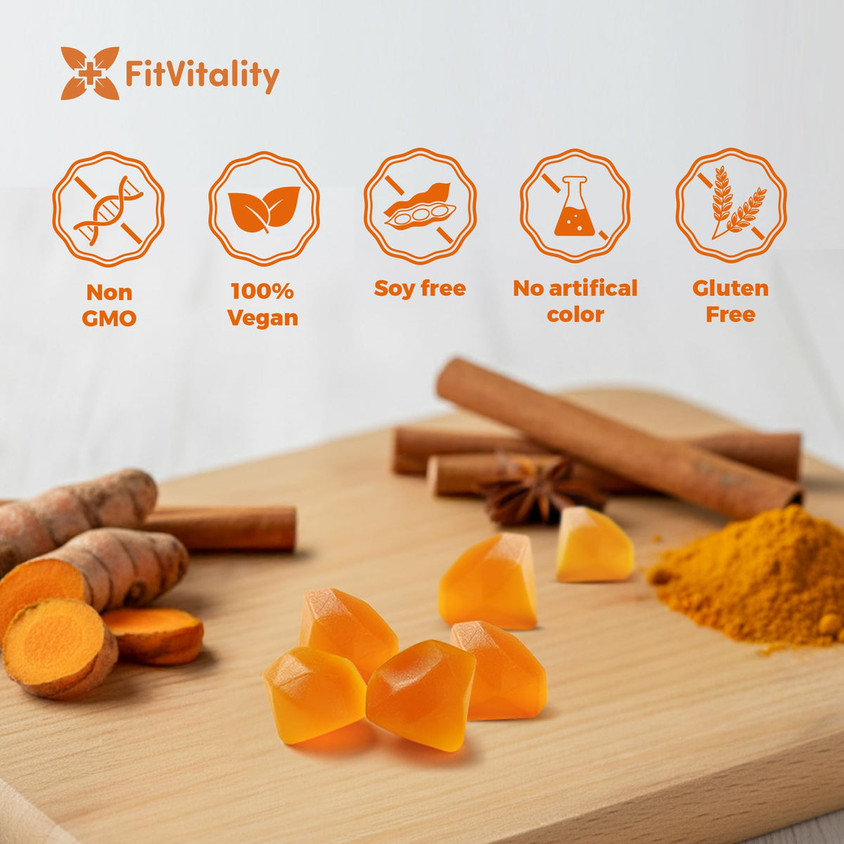 FitVitality gummies with ginger and cinnamon sticks