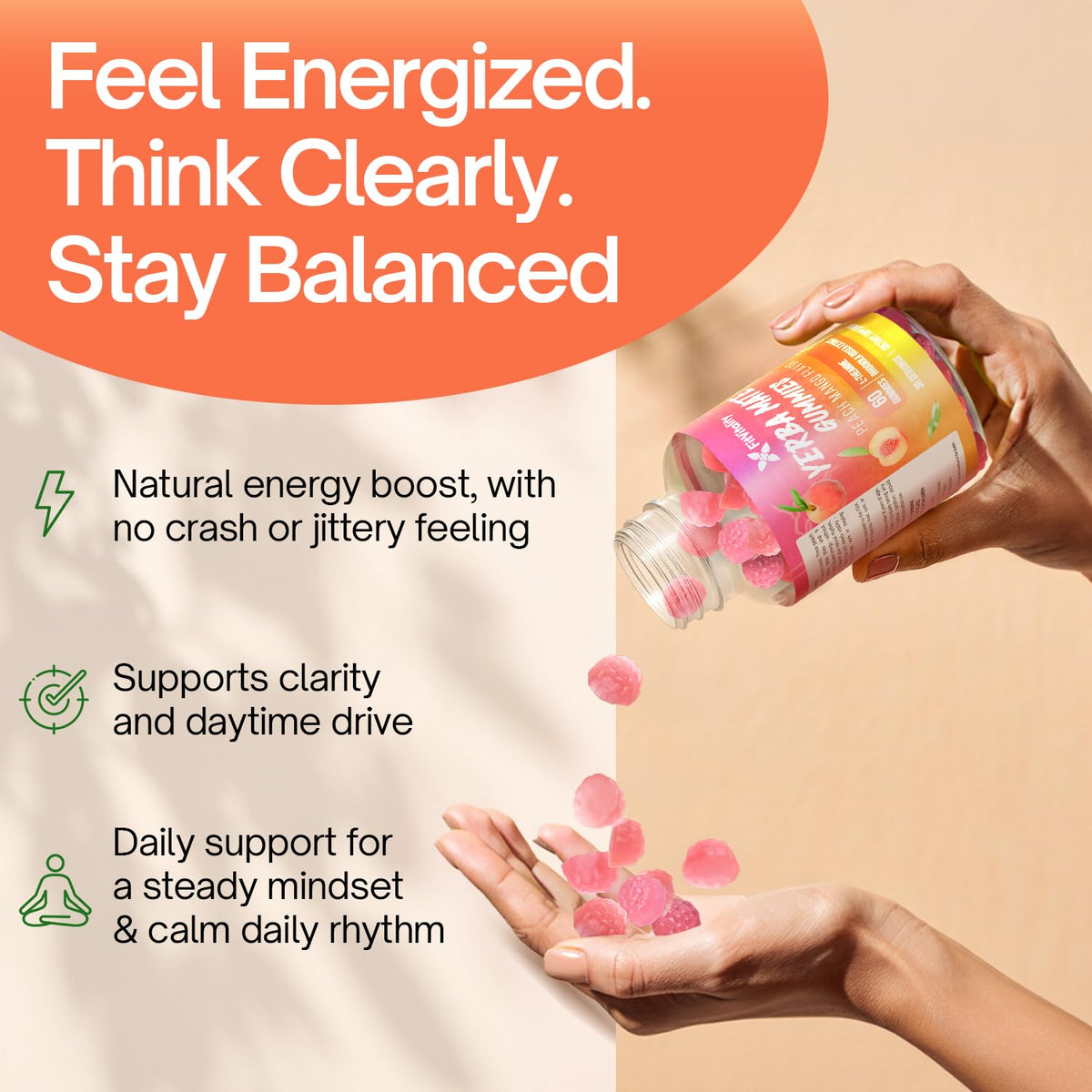 FitVitality Yerba Mate Gummies with a hand holding two gummies