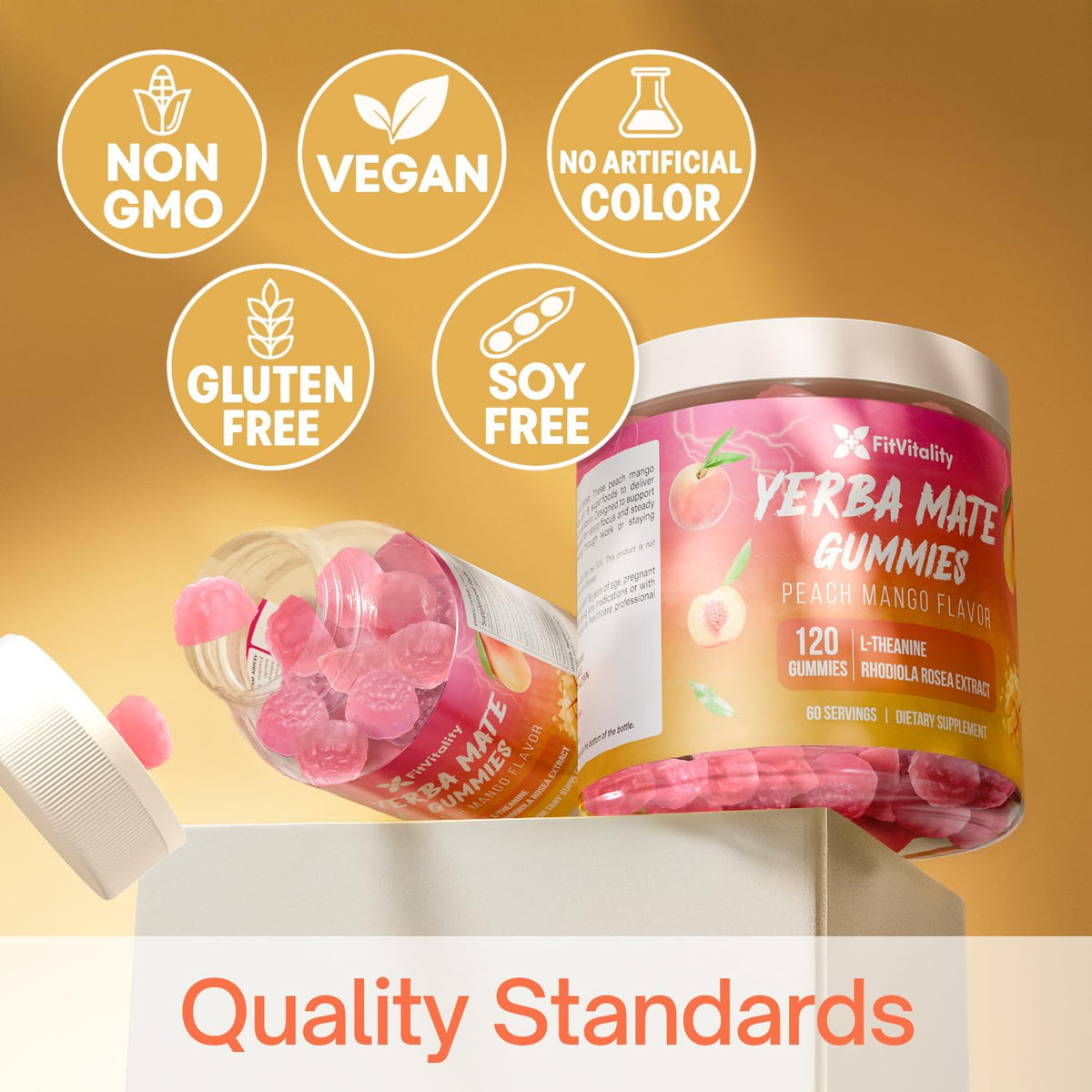 FitVitality Yerba Mate Gummies with fresh peaches and mangoes
