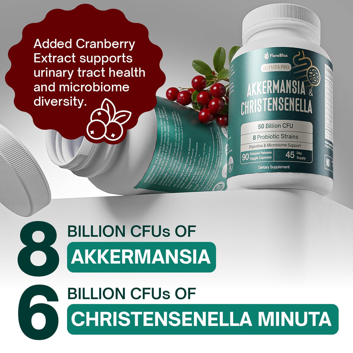 FloraBliss Probiotic Supplement capsules in a close-up