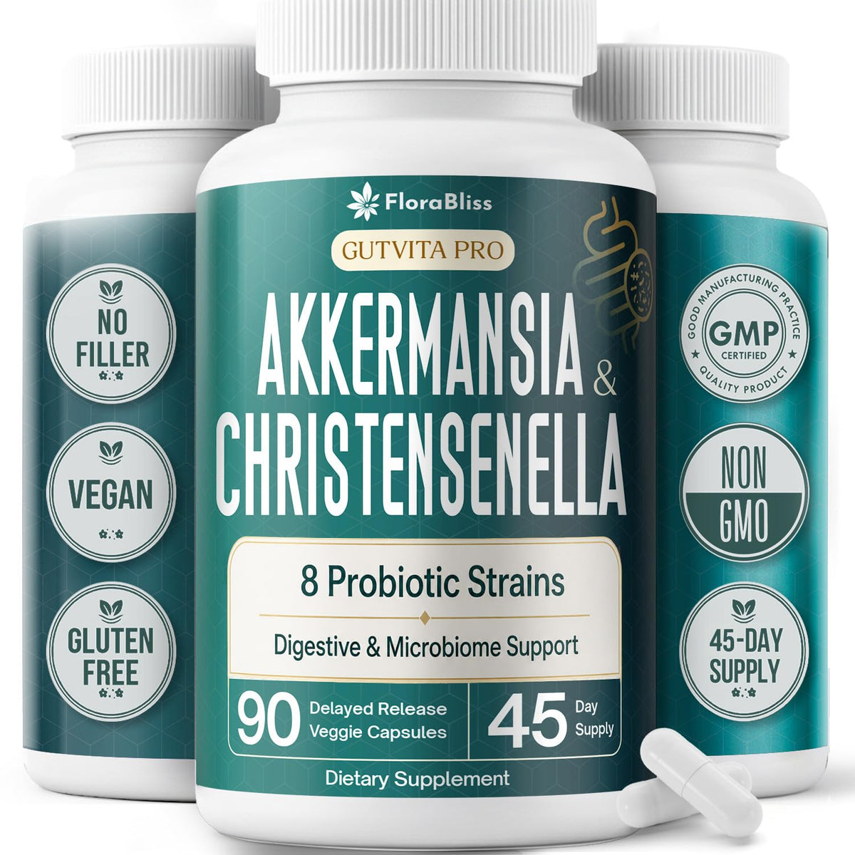 FloraBliss Probiotic Supplement front view with packaging