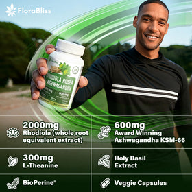 FloraBliss Rhodiola Rosea capsules in a hand