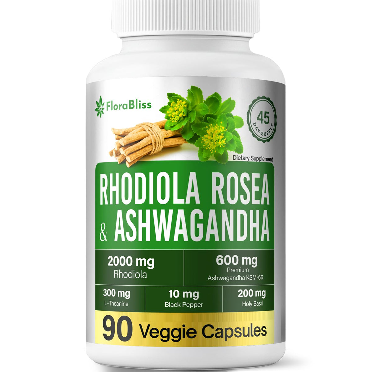 FloraBliss Rhodiola Rosea capsules on a wooden table