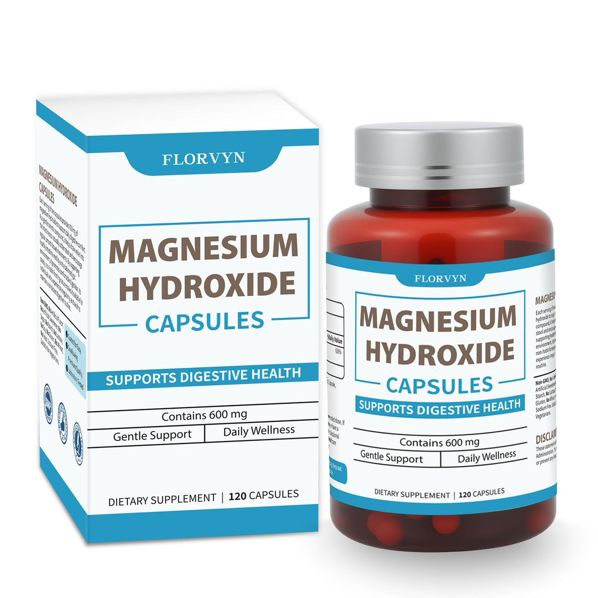 Florvyn Magnesium Hydroxide Capsules 600mg bottle front view