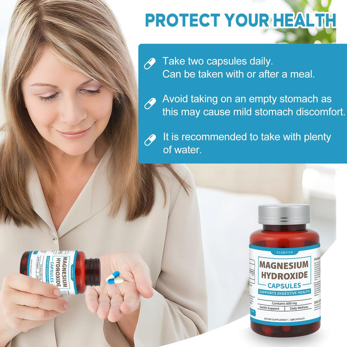 Florvyn Magnesium Hydroxide Capsules 600mg bottle with measuring spoon