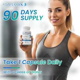 FOLATE MAXX L-Methylfolate 5mg supplement on a wooden table