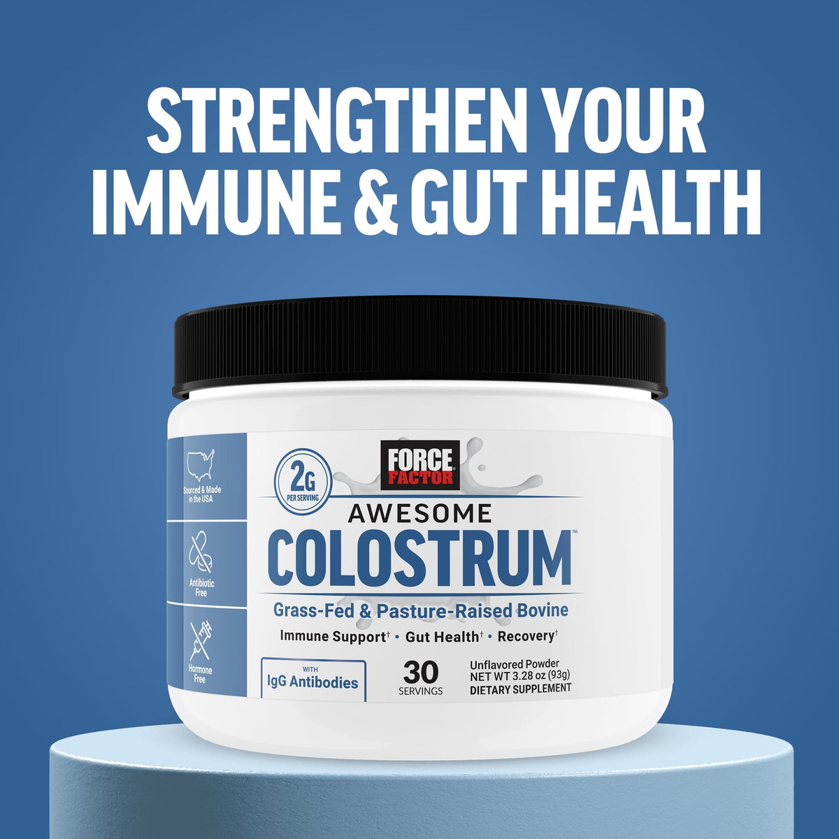 Force Factor Awesome Colostrum Powder with a measuring spoon